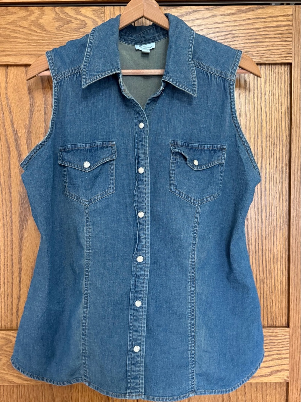 Mimi Maternity Denim Sleeveless Button-Front Shirt - Blue